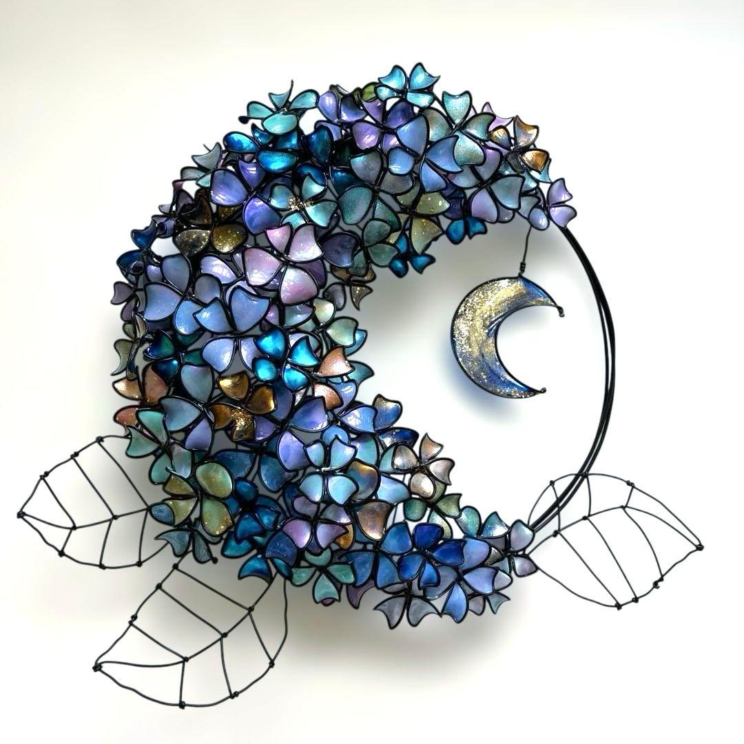 一点物　銀河　月×大きな紫陽花リース　ディップアート　アート　ワイヤークラフト