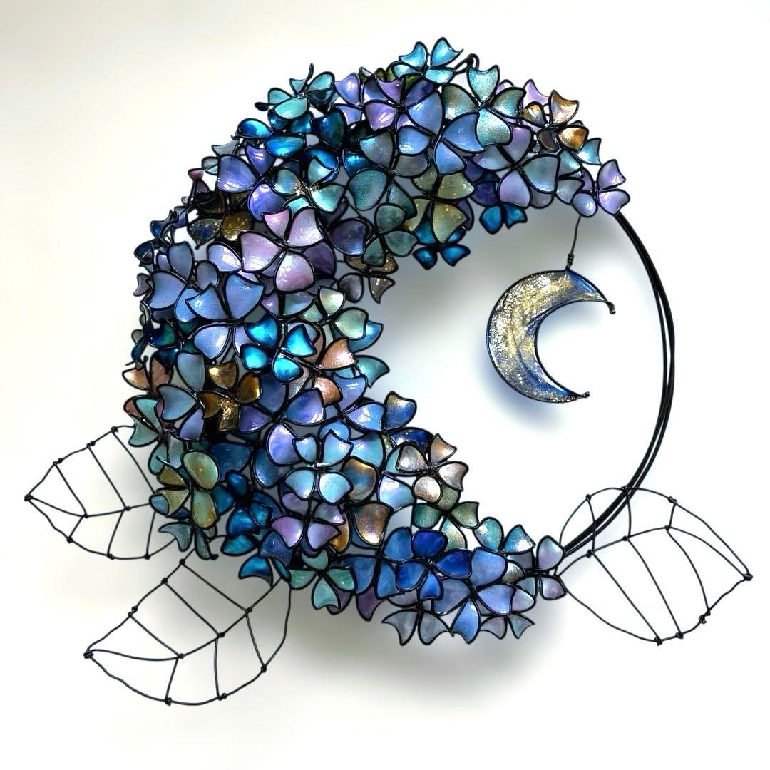 一点物　銀河　月×大きな紫陽花リース　ディップアート　アート　ワイヤークラフト