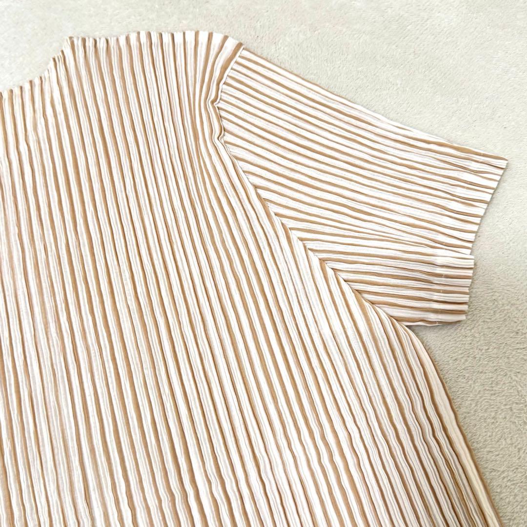 極美品✨ISSEY MIYAKE プリーツ　ストライプ　ブラウン　ホワイト　半袖