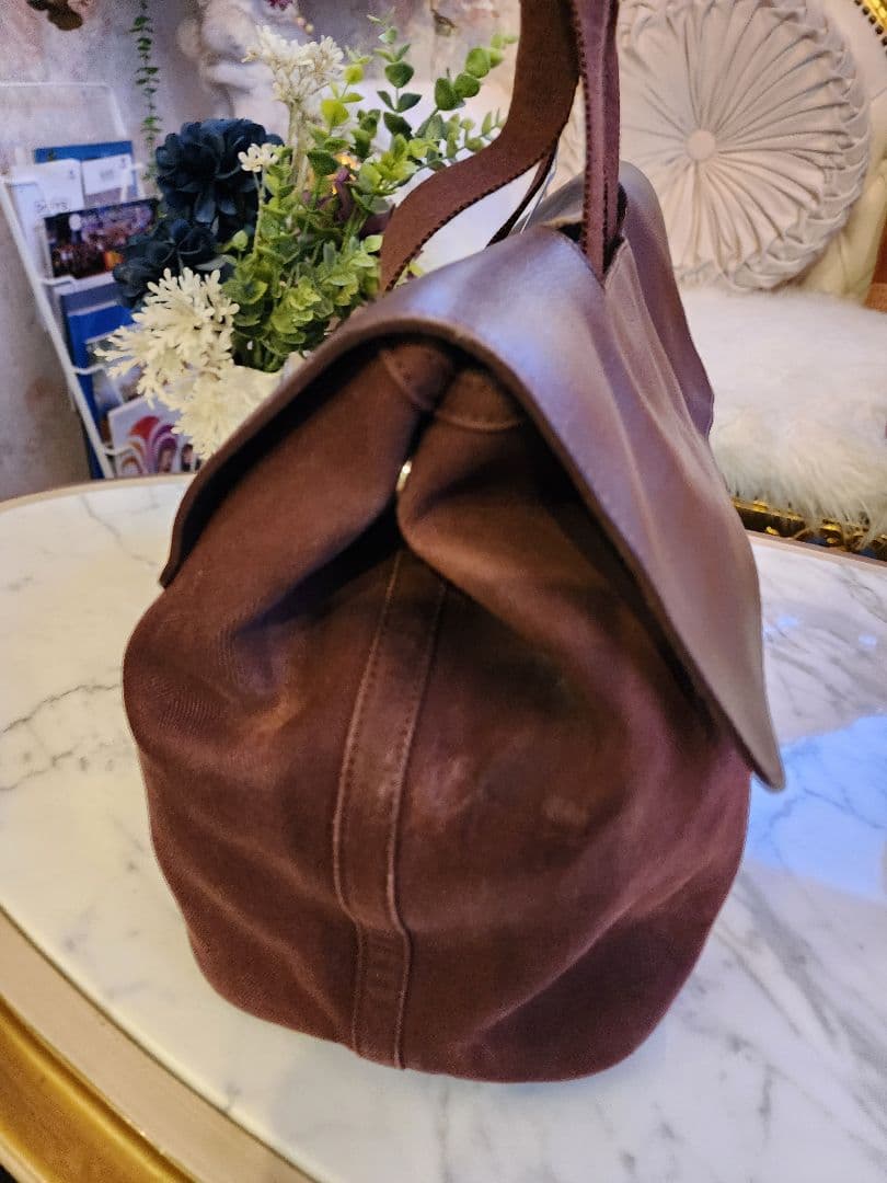 HERMESブラウン レザー キャンバス ボストンバッグ