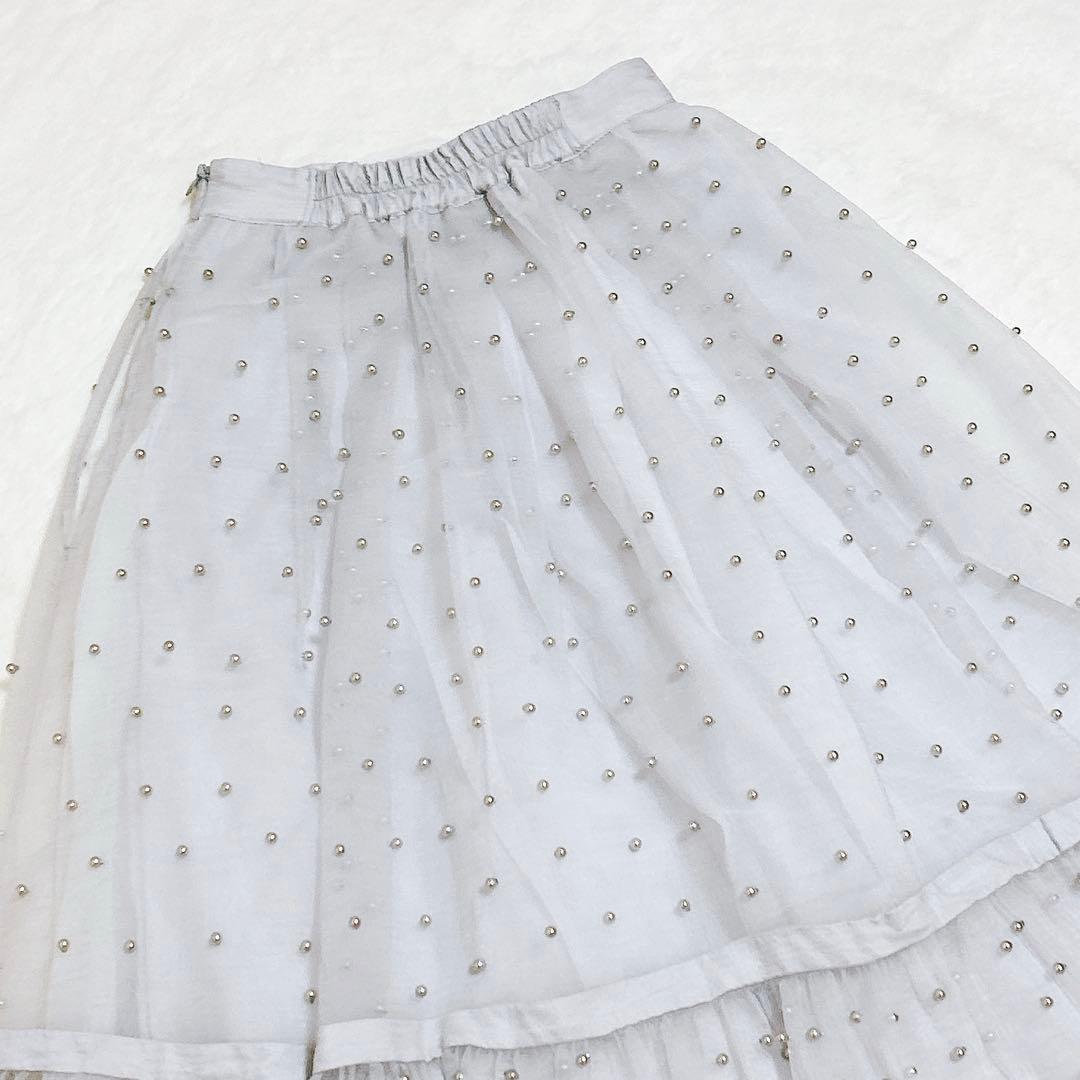 美品✨eimy istoire パールスタッズボリュームフレアスカート ブルー