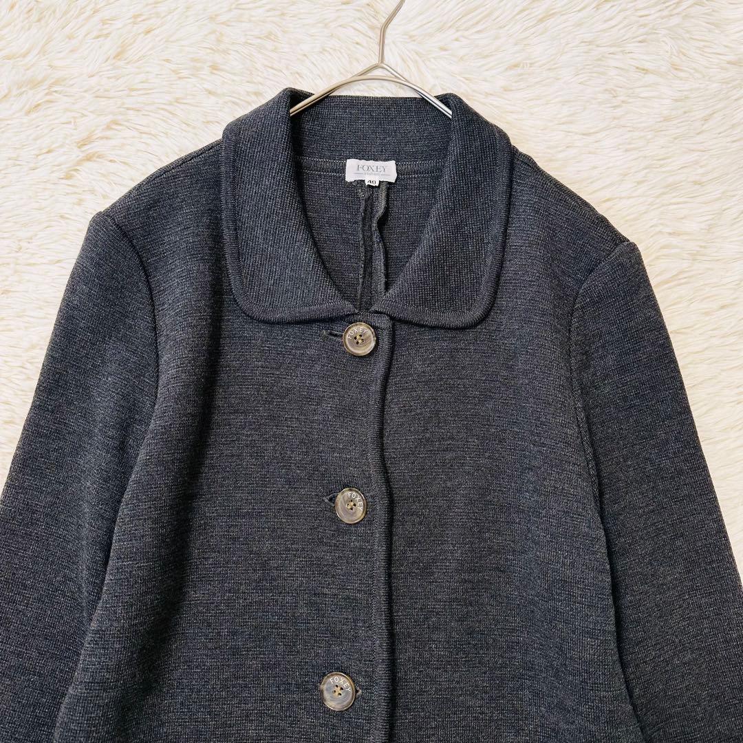 美品 FOXEY ウール ジャケットカーディガン ロゴボタン 日本製 グレー L