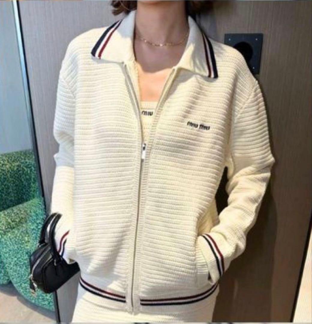 miumiu コットンニット ジッパーカーディガン アイボリー