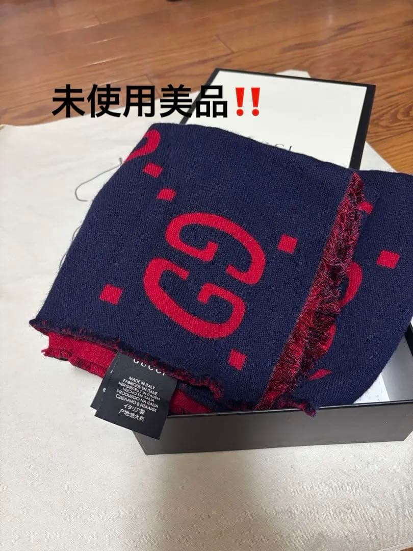 GUCCI GGジャガード ウールシルクスカーフ マフラー ネイビー/レッド