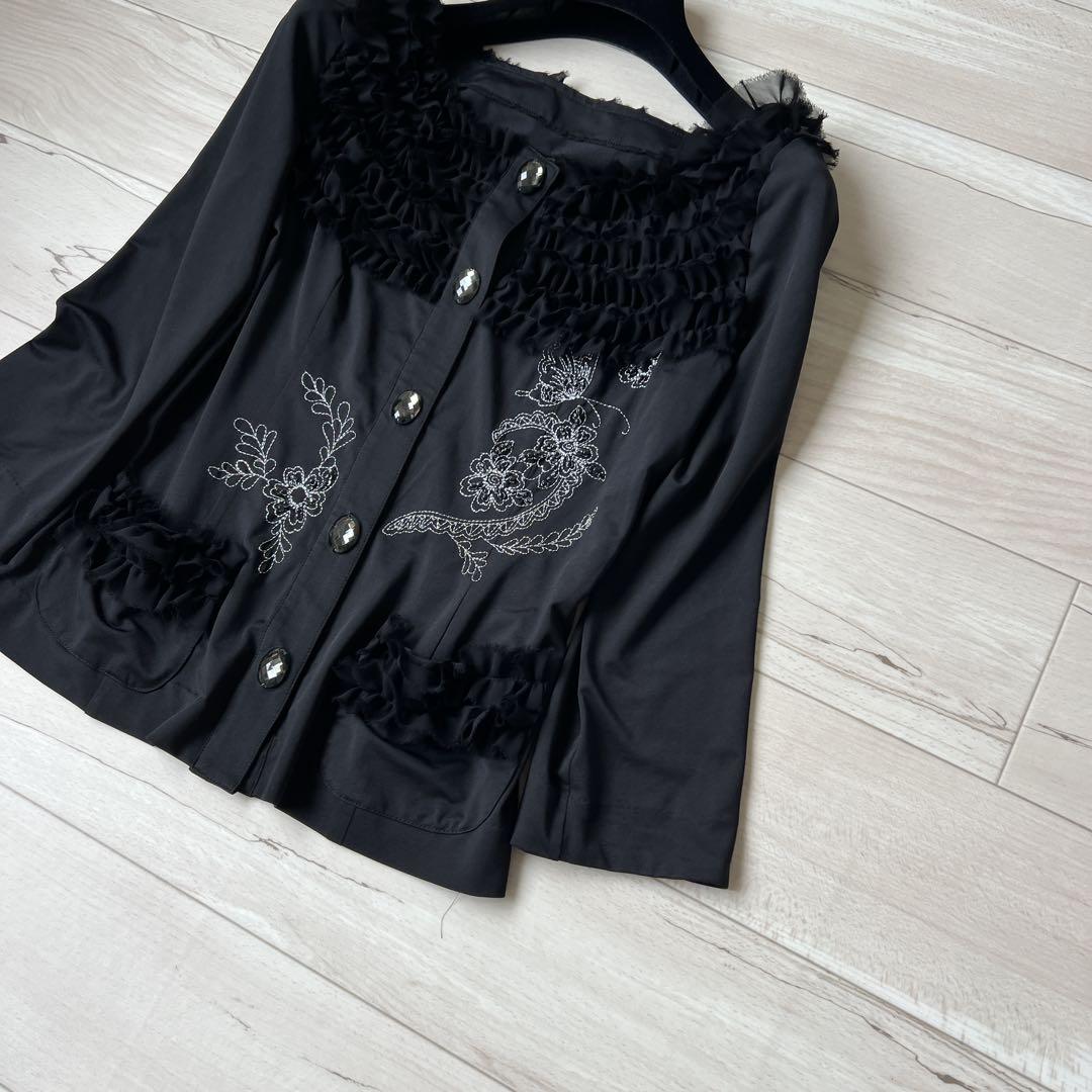 【極美品】ノコオーノ　長袖カーディガン　フリルチュールレース　花柄刺繍