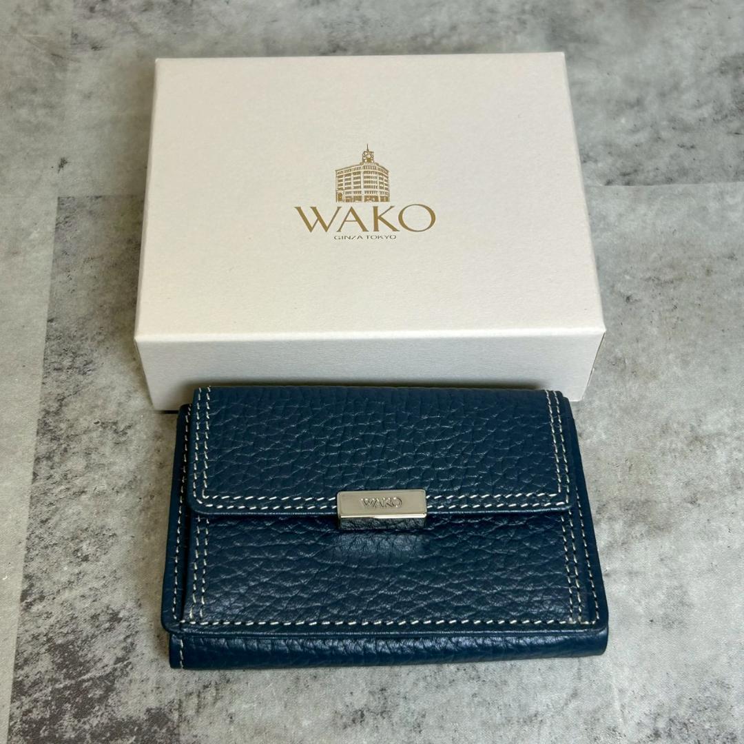 WAKO　レザー 三つ折り財布　コンパクト 青系 箱付 RG555