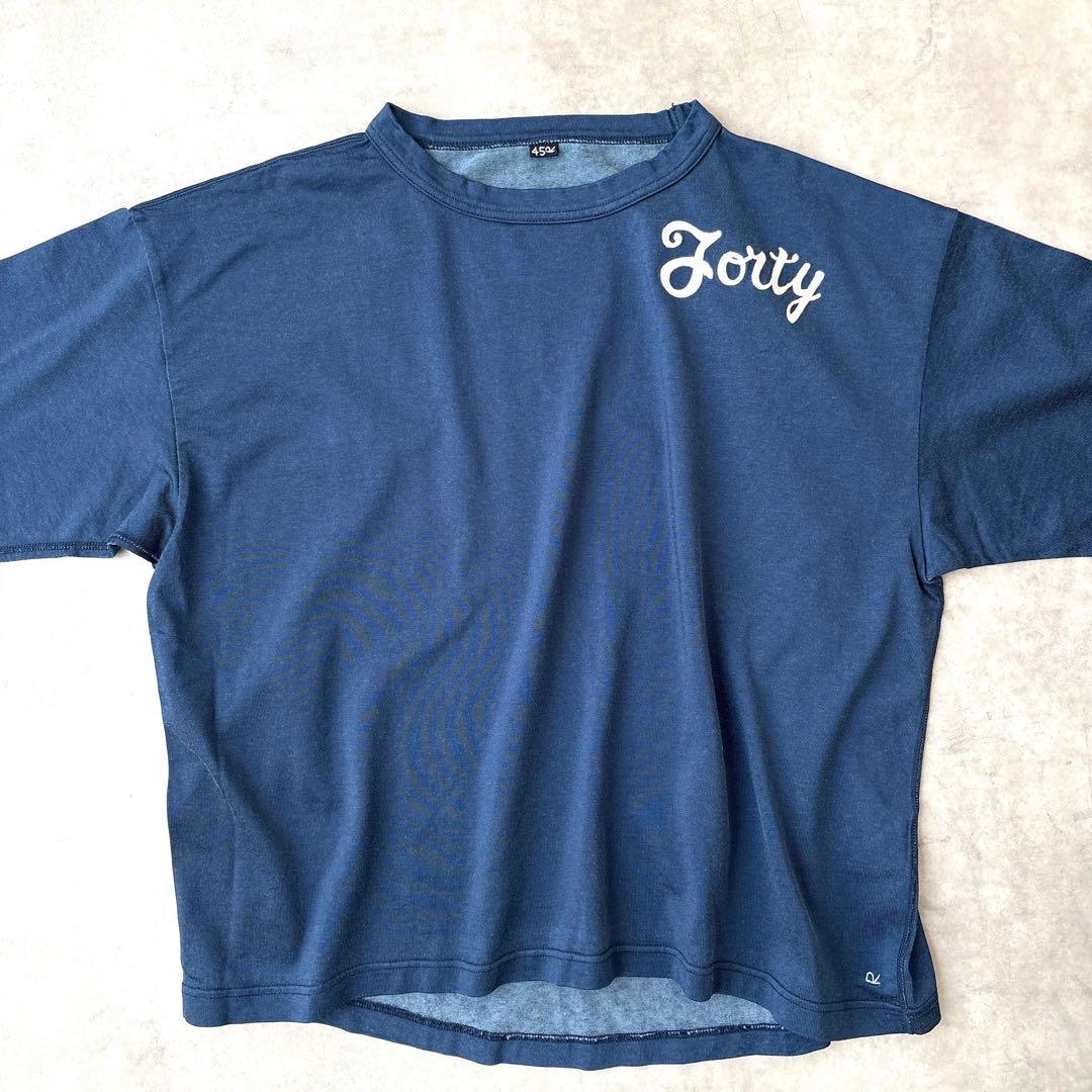 45R レーヨン天竺 ネイビー 青 Tシャツ コットン 綿 刺繍入り ゆったり