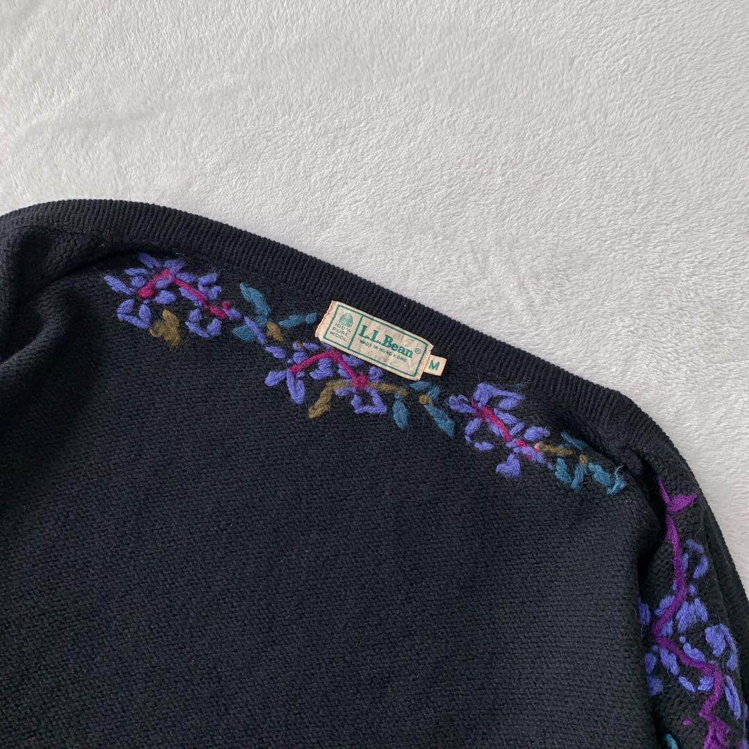 希少 80s エルエルビーン ウール ニット カーディガン 花柄 刺繍 フラワー