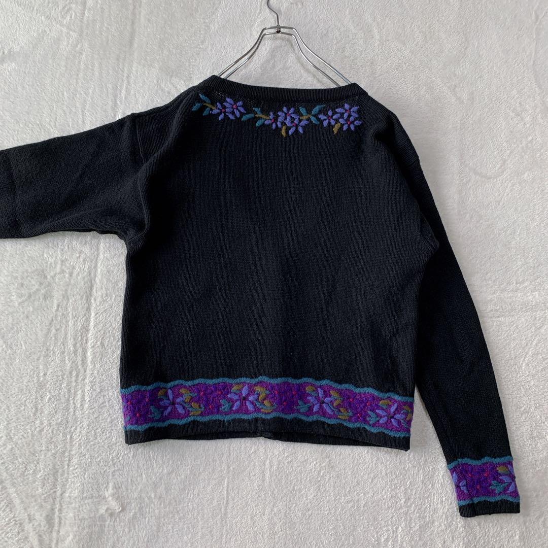 希少 80s エルエルビーン ウール ニット カーディガン 花柄 刺繍 フラワー
