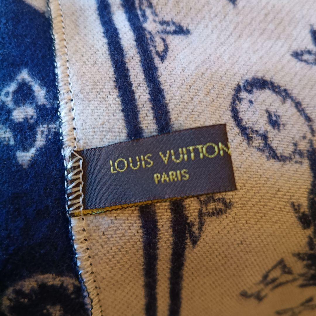 LOUIS VUITTON ロゴ入り大判ストール ネイビー アイボリー