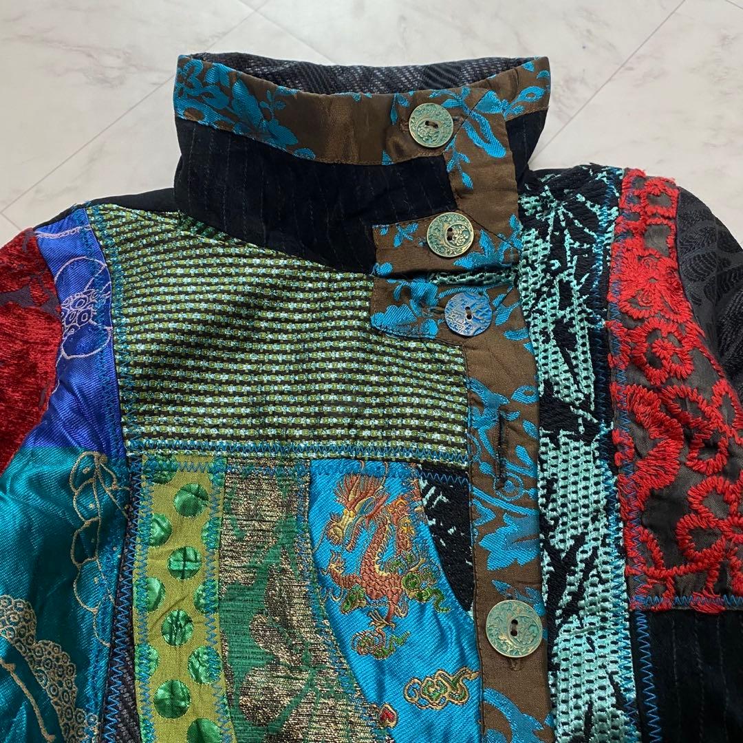 Desigual デシグアル　総柄　異素材切り替え　コート　ジャガード　刺繍