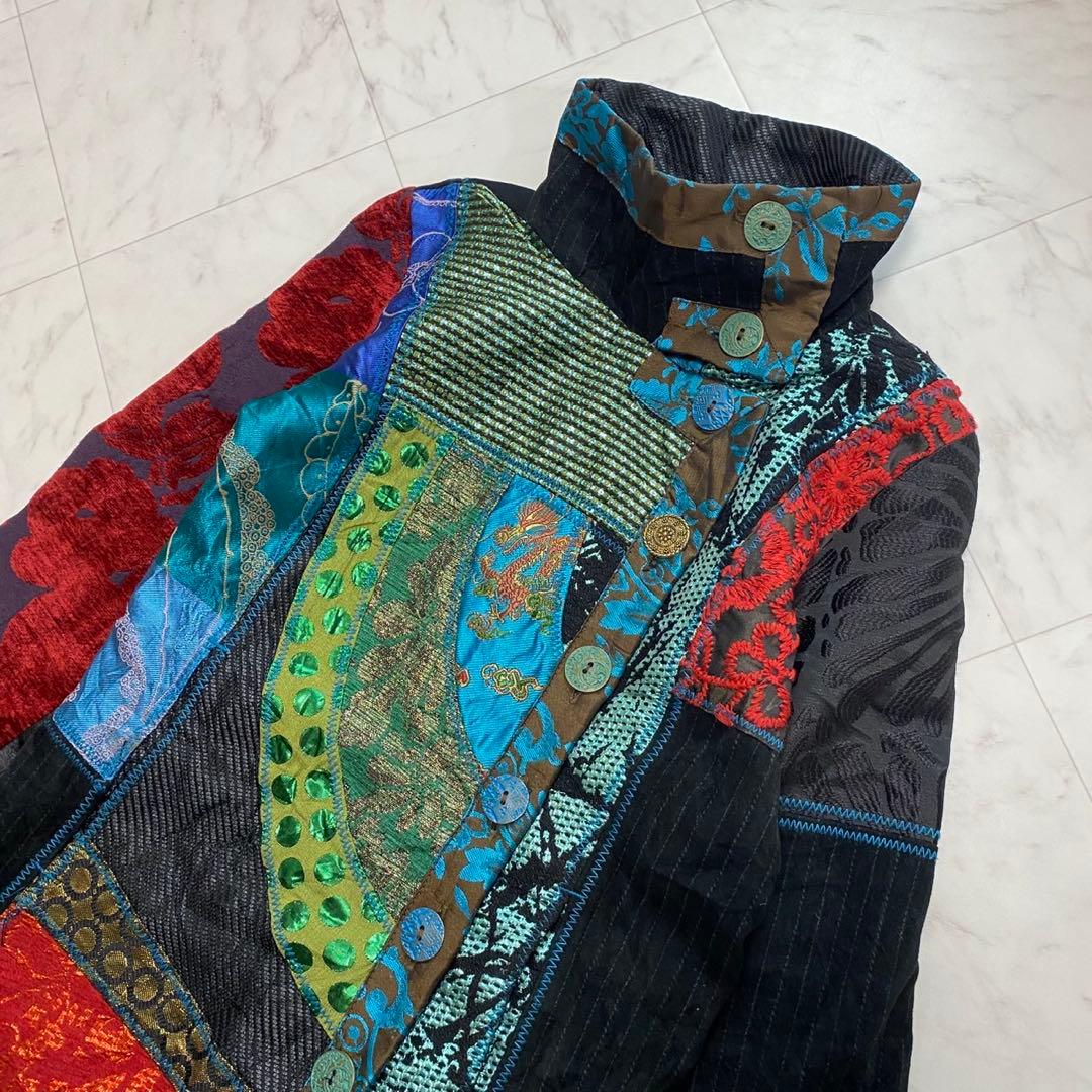 Desigual デシグアル　総柄　異素材切り替え　コート　ジャガード　刺繍