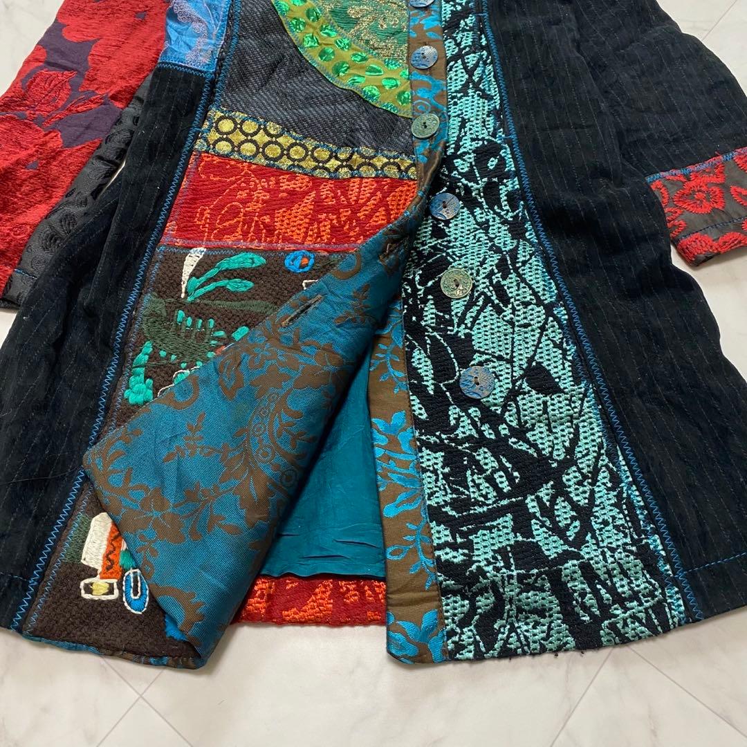 Desigual デシグアル　総柄　異素材切り替え　コート　ジャガード　刺繍
