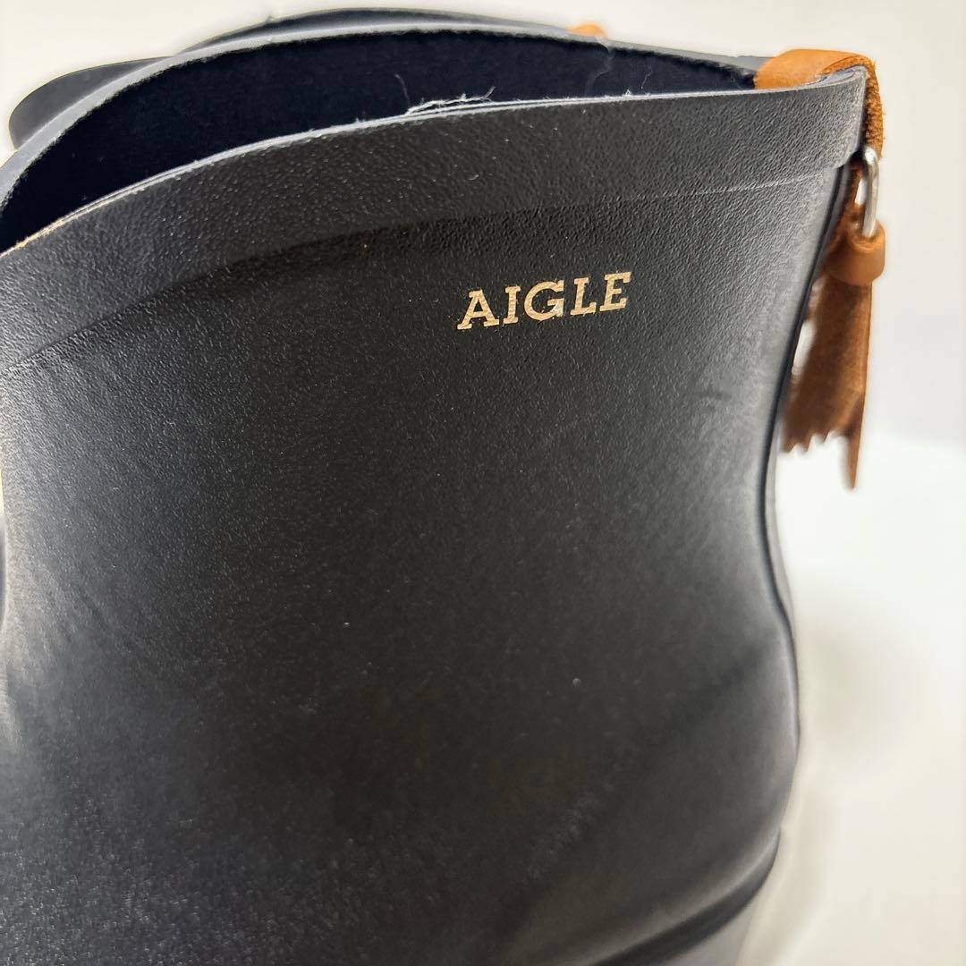 【AIGLE】美品 ラバー ショート丈レインブーツ ブラック ロゴ 24cm相当