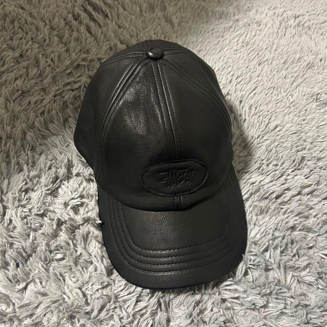 stussy レザー キャップ 帽子 黒