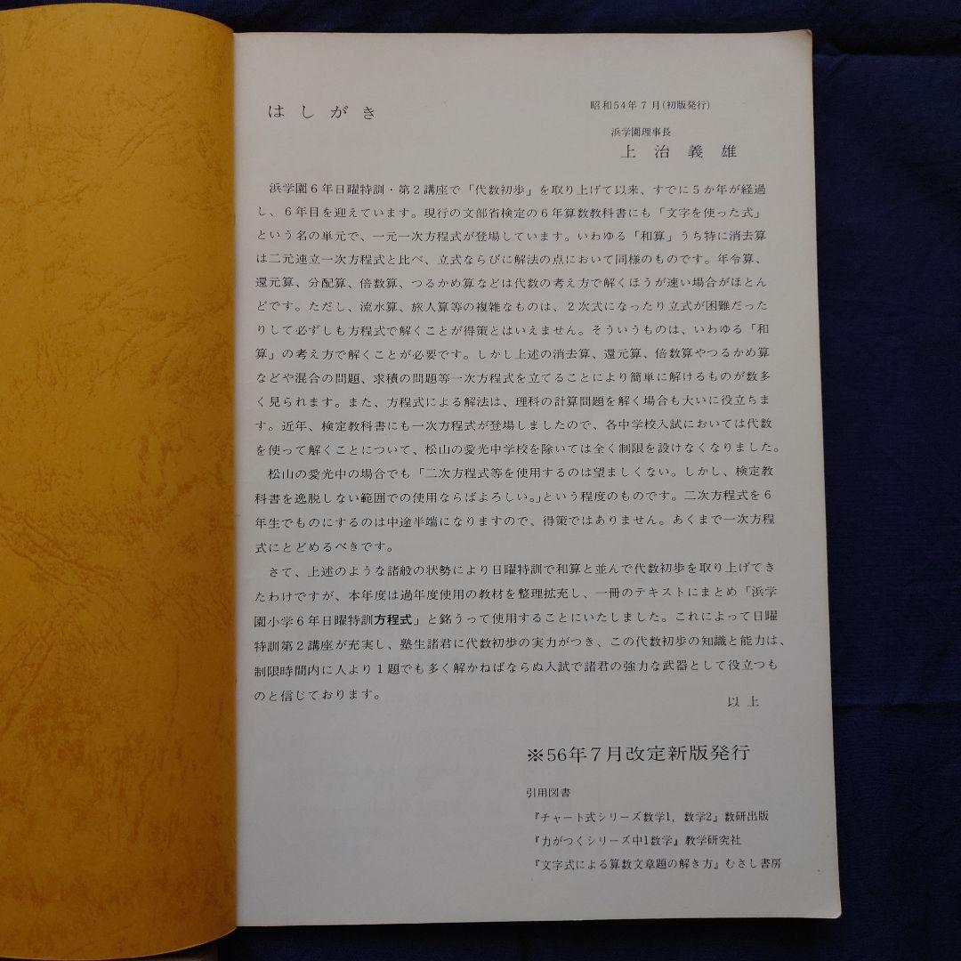 【浜学園】6年日曜特訓 算数 『方程式』改訂新版・6年算数最高峰問題集【希少品】
