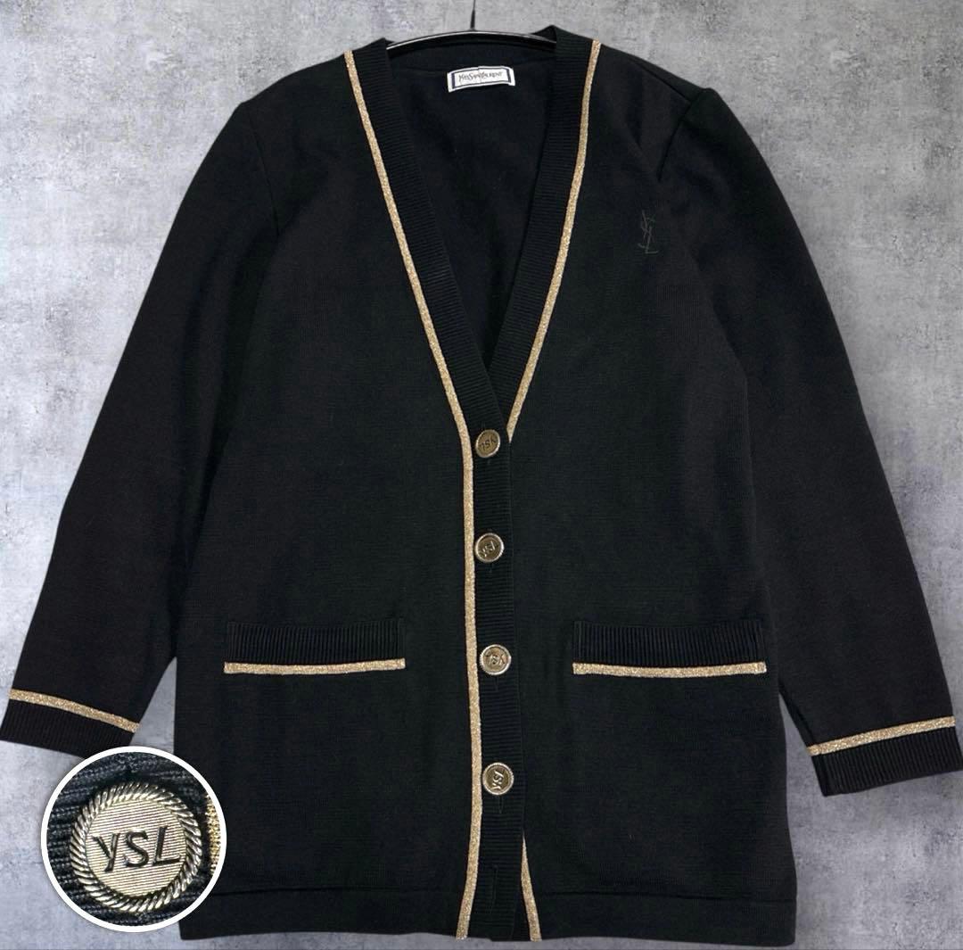 【美品】イヴサンローラン YSL カーディガン ロゴ 金ボタン 金ラメ 訳あり