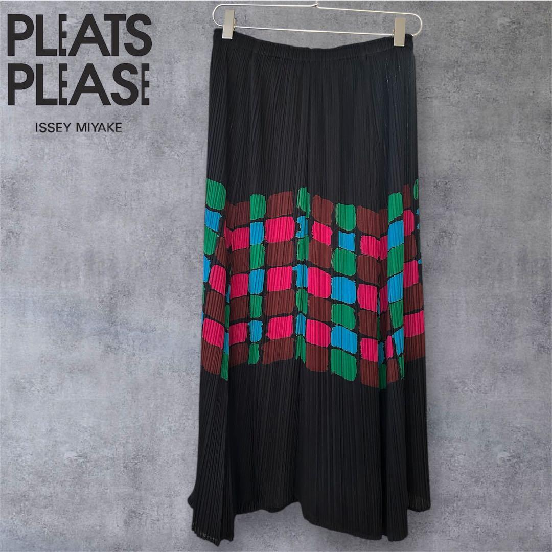 【極美品】PLEATS PLEASE マキシ丈スカート ブロック柄 5 ブラック