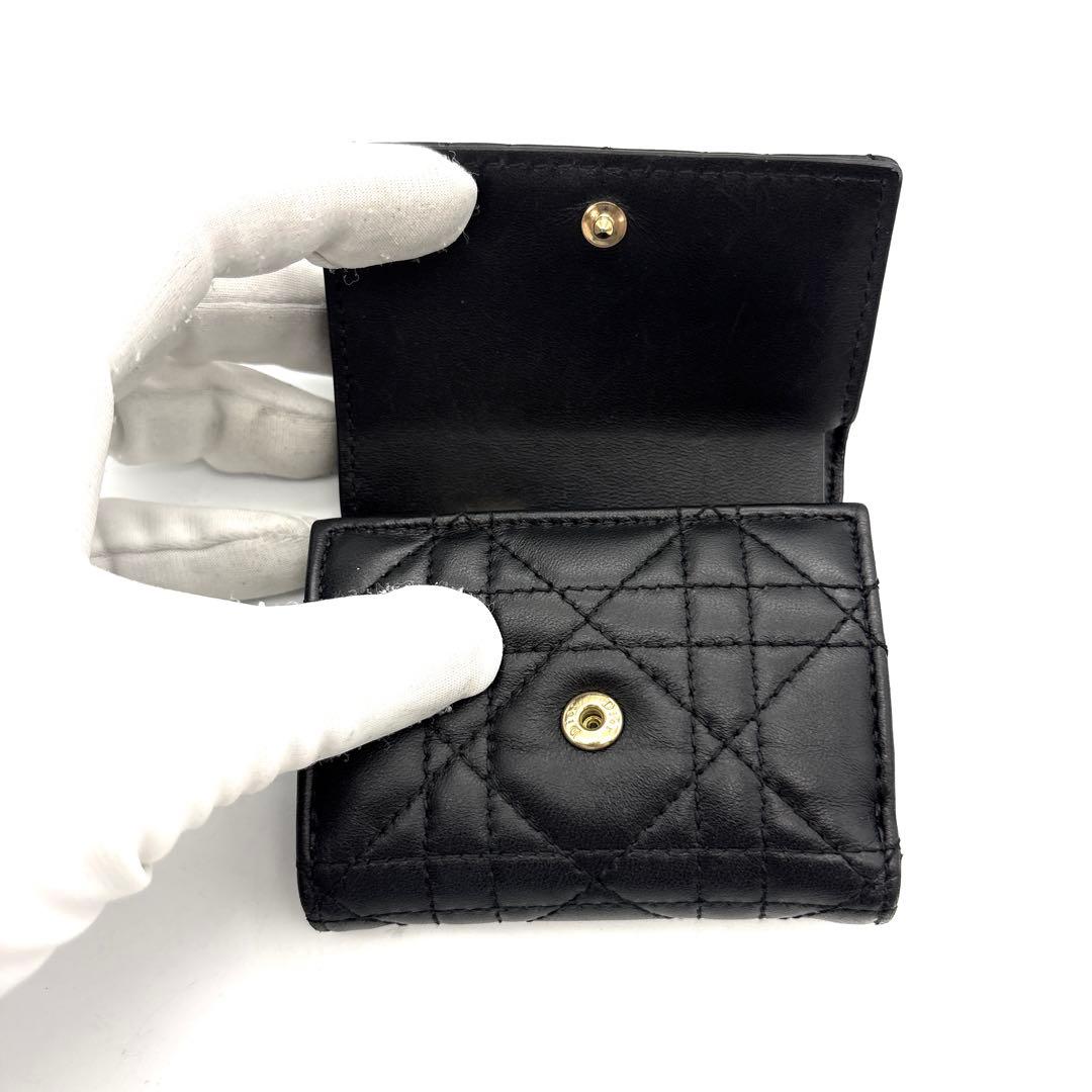 極美品◆DIOR 三つ折り財布 カナージュ レディディオール チャーム ブラック