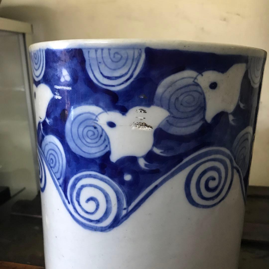 美品　陶器　年代物　鉢　火鉢　手炙り　古道具　染付の絵柄が可愛い　鉢カバーにも