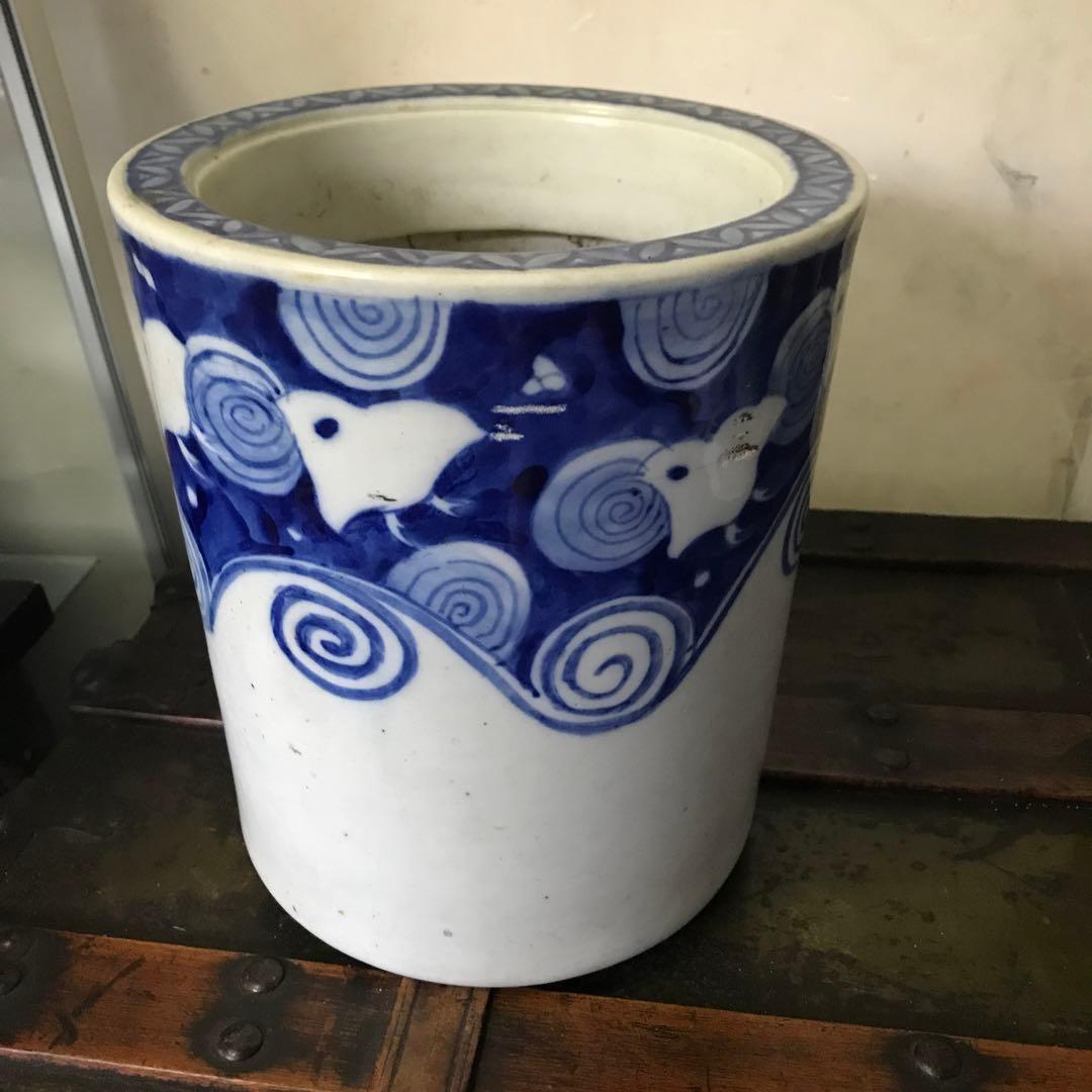 美品　陶器　年代物　鉢　火鉢　手炙り　古道具　染付の絵柄が可愛い　鉢カバーにも
