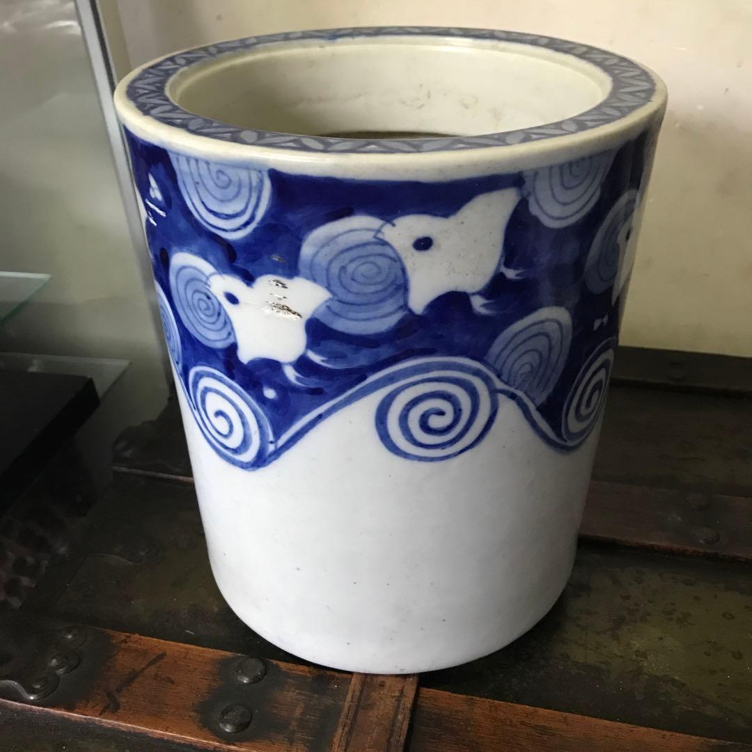 美品　陶器　年代物　鉢　火鉢　手炙り　古道具　染付の絵柄が可愛い　鉢カバーにも