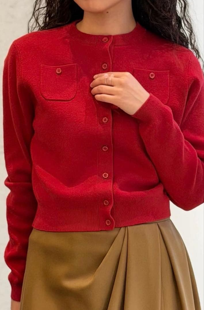 《CABAN》コットンカシミヤクルーネックカーディガン XS レッド(35)