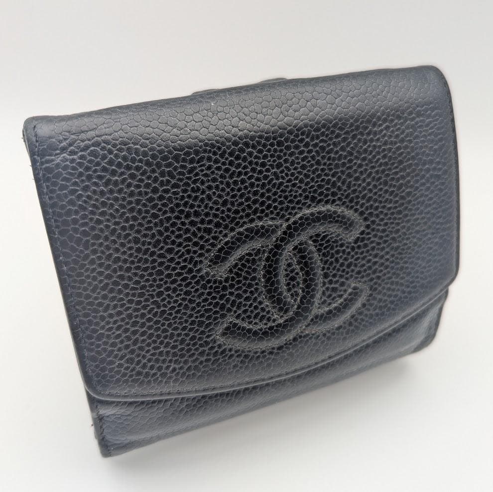 CHANEL キャビアスキン 三つ折り財布 デカココ 黒