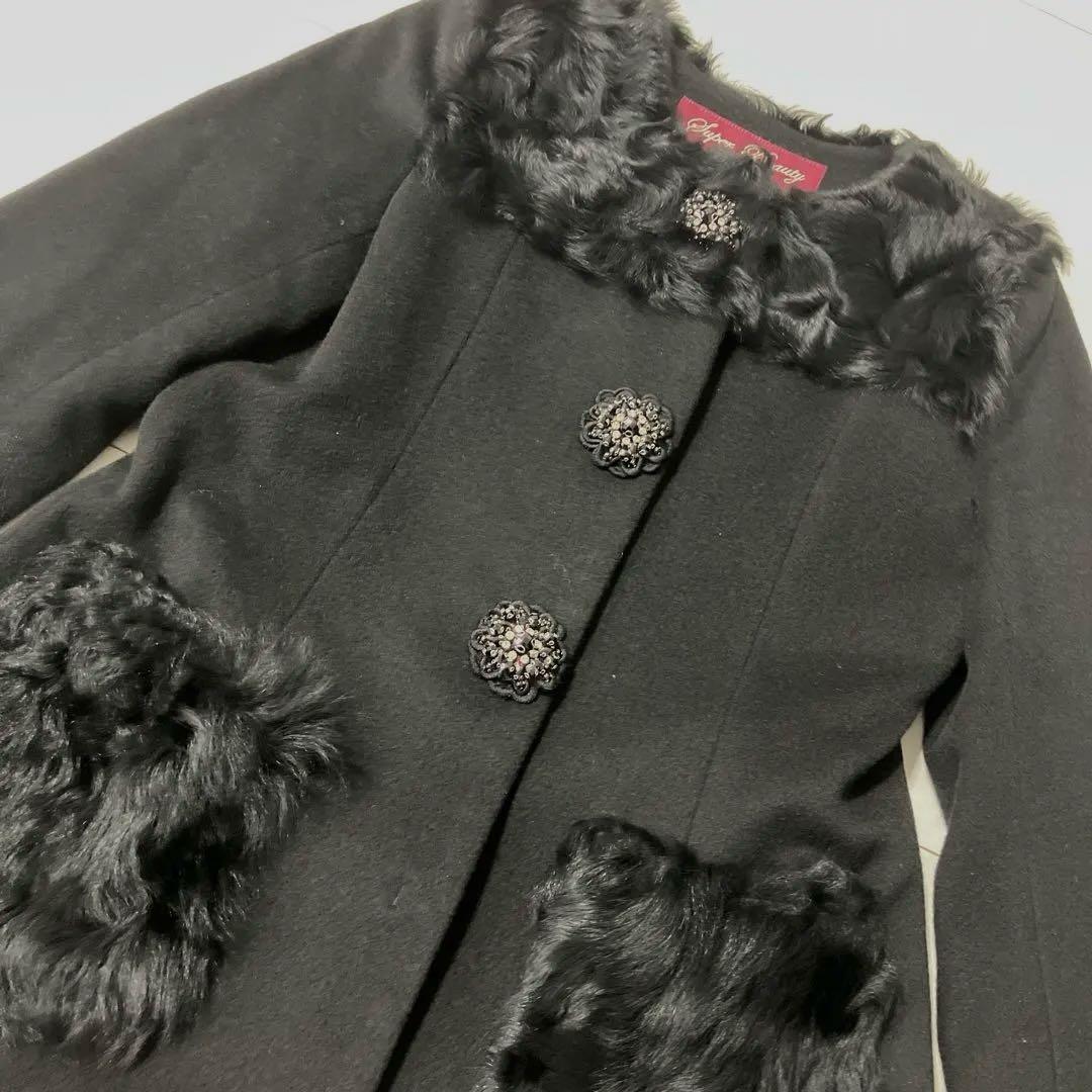 美品⭐︎スーパービューティー　リアルラムファー　ビジューボタンコート　40
