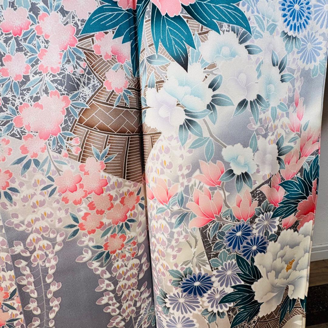 美品　現代　振袖　成人式　着物　正絹　163裄68 シルバー　水色　ピンク　花柄