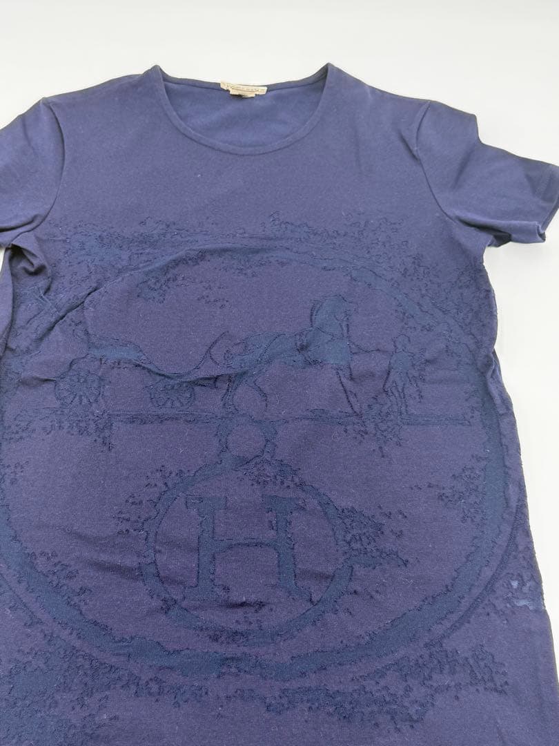 HERMES エルメス Tシャツ ネイビー Hロゴ シースルー 36