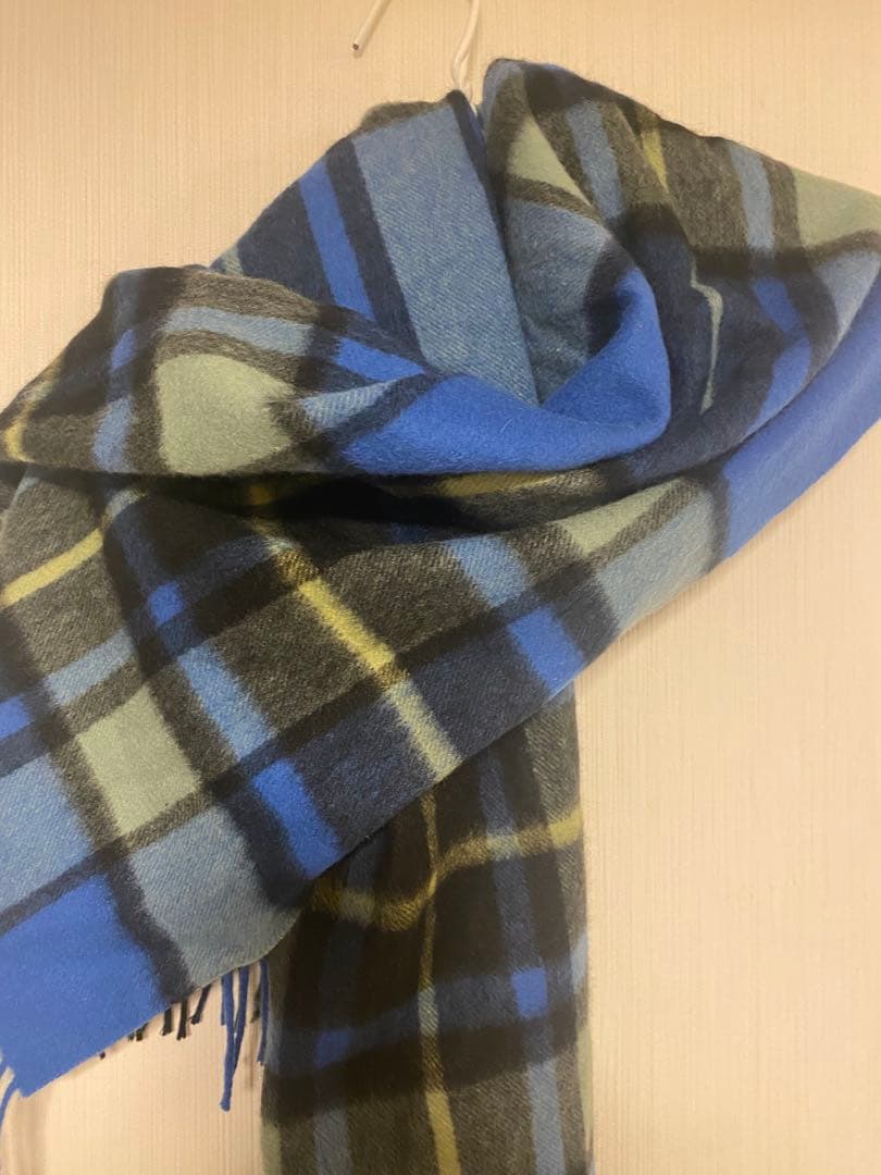 カシミヤ　青系チェック柄ストール