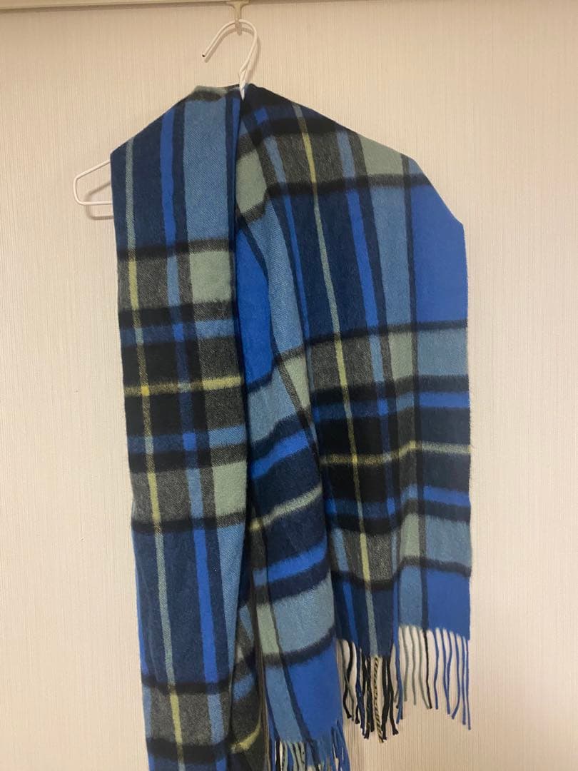 カシミヤ　青系チェック柄ストール