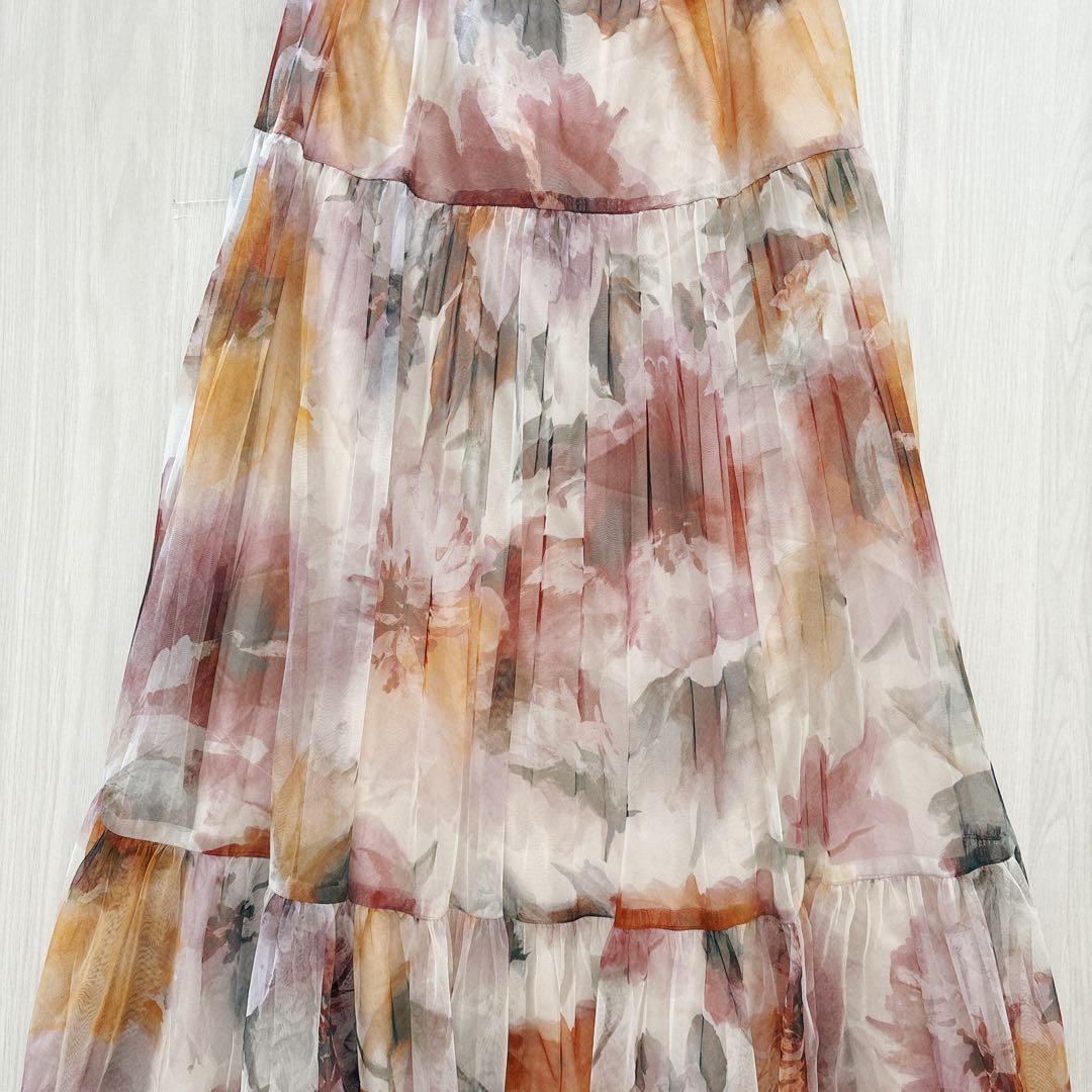 美品☆JUSGLITTY ブラーフラワープリントスカート ボルドー2(M)