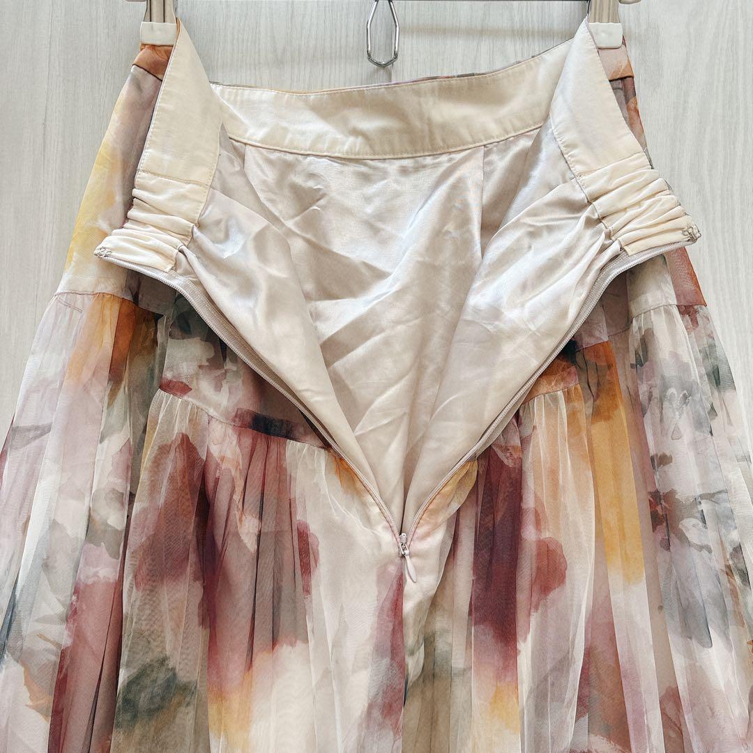 美品☆JUSGLITTY ブラーフラワープリントスカート ボルドー2(M)