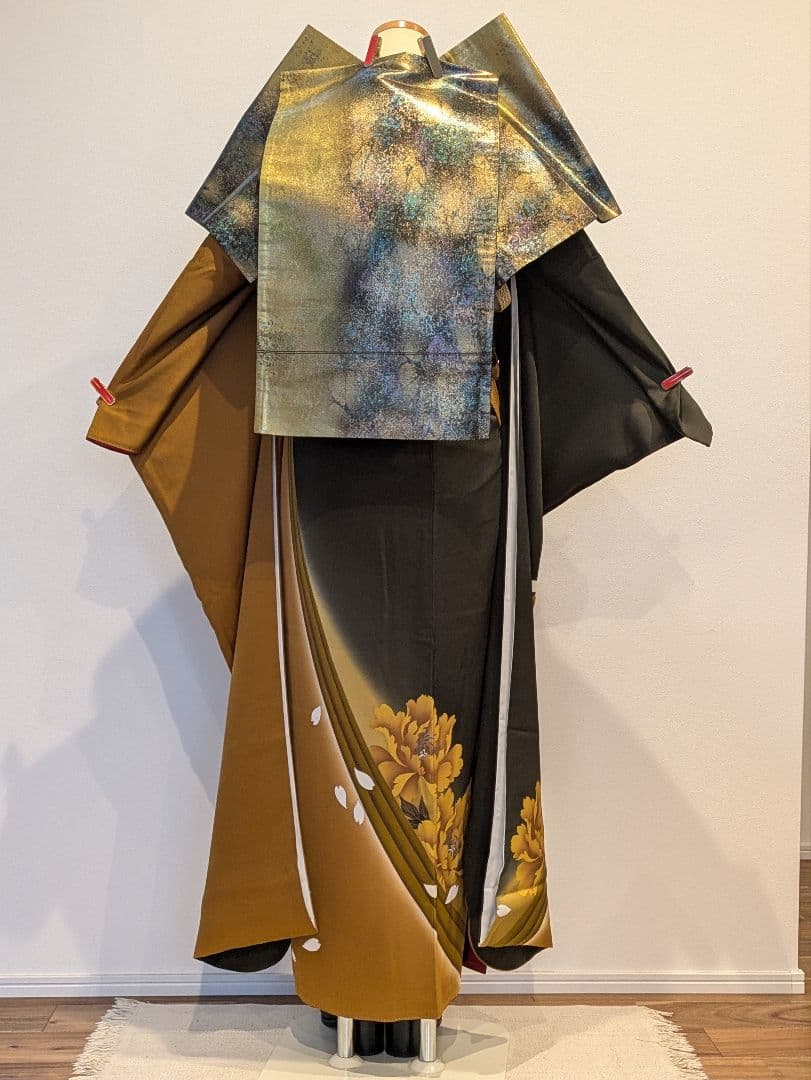 振袖フルセット 身丈166裄70 暈し染め キャメル 刺繍 正絹 成人式 逸品