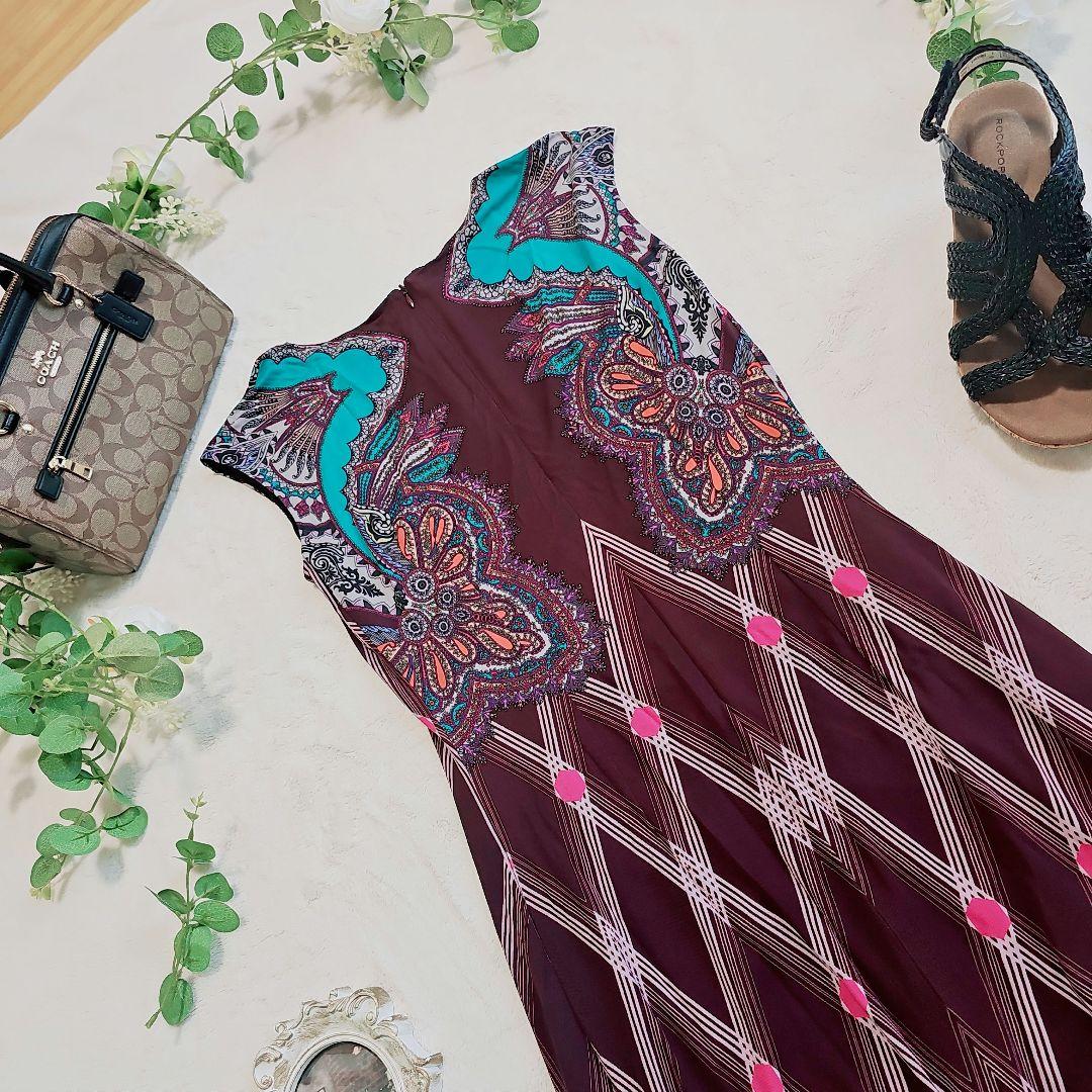 美品✨ETRO　エトロ　総柄ストレッチワンピース　パープル系　44サイズ