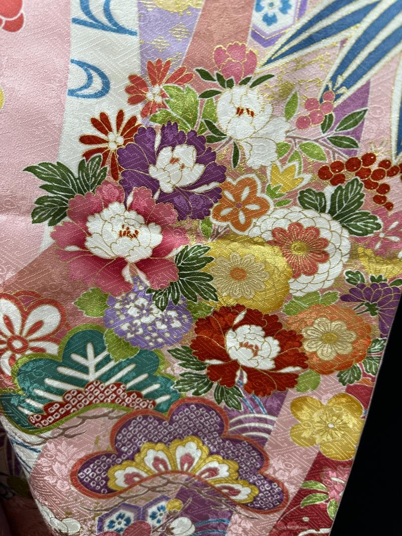 吉澤友禅 ピンク地 古典柄 金駒刺繍 松竹梅 振袖 袋帯フルセット