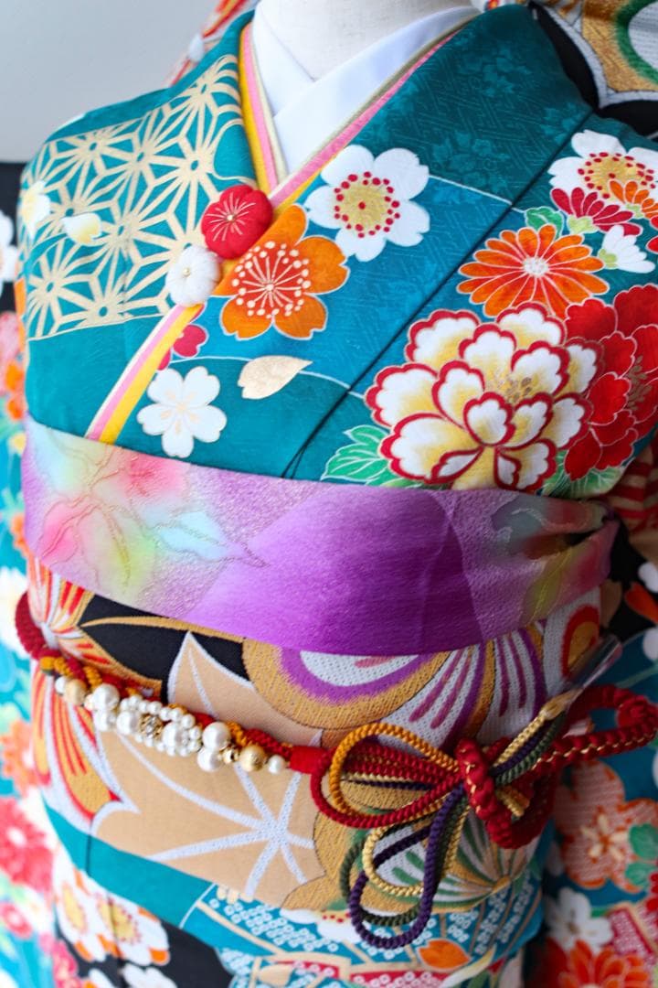 振袖フルセット 成人式 振袖セット ブルー 青 古典柄