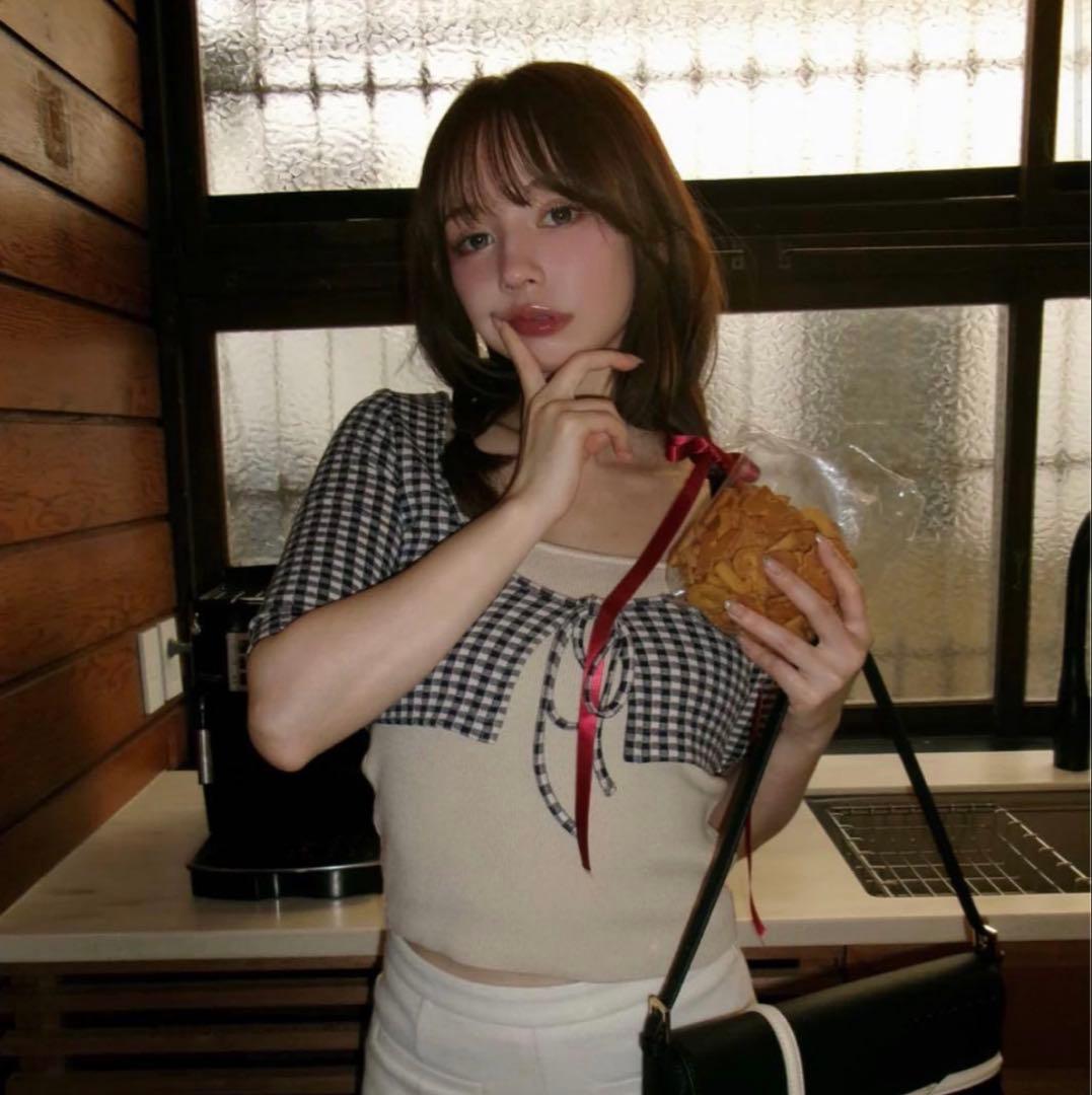 andmary Ava gingham check topsネイビー