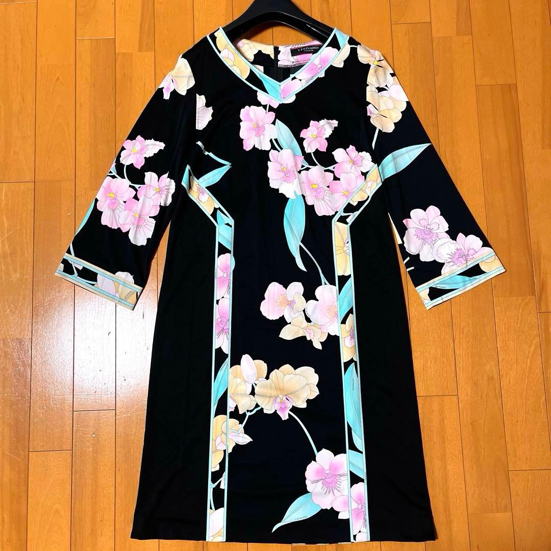 【近年タグ 美品】レオナール カンカン素材 花柄ワンピース 38