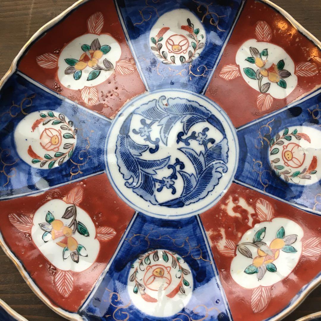 古伊万里　赤絵　冨貴長春　七寸皿/染錦　/金彩　染付/3枚