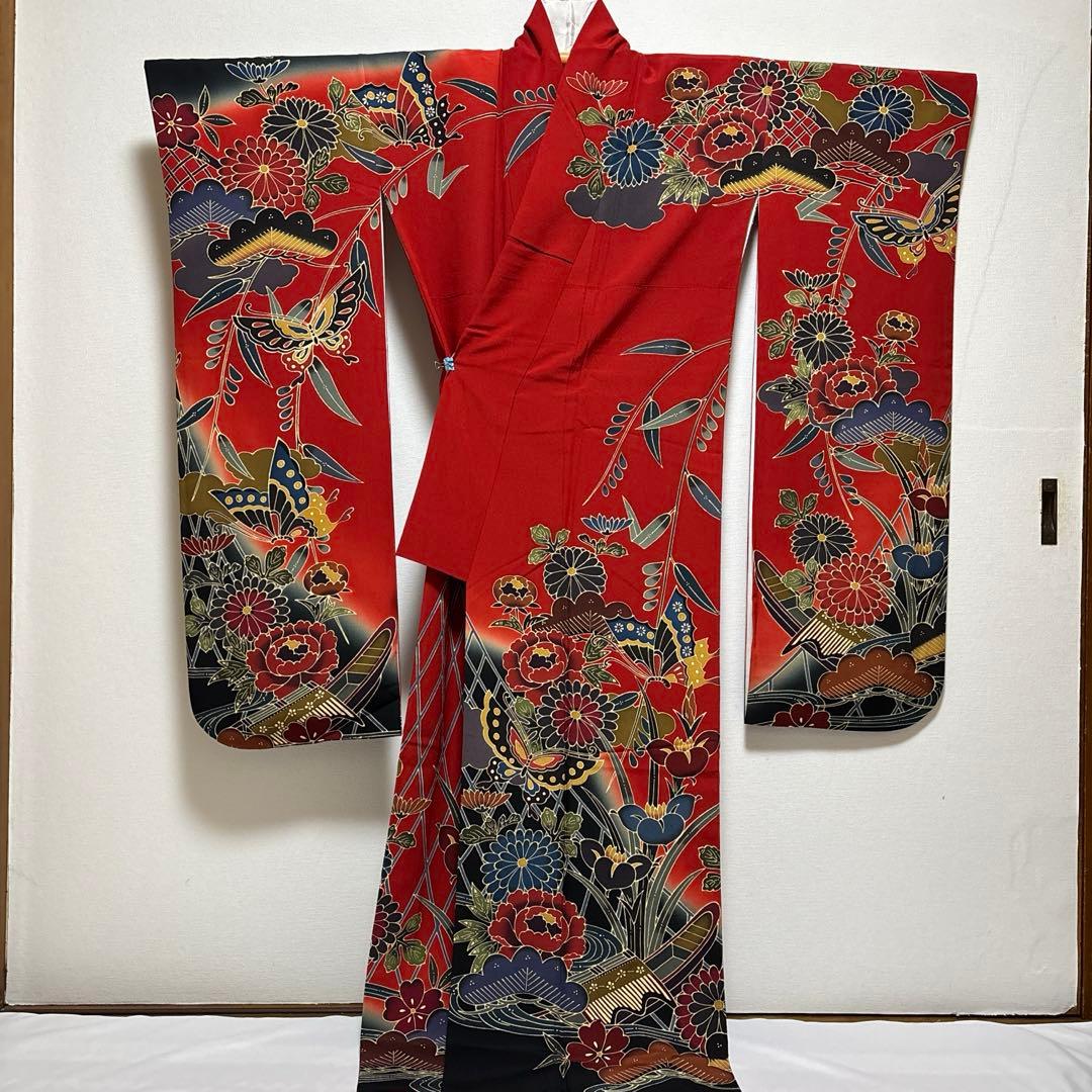 振袖 京紅型染め【宮崎良次】宮崎紅型 正絹 花蝶 赤色 袷着物 成人式