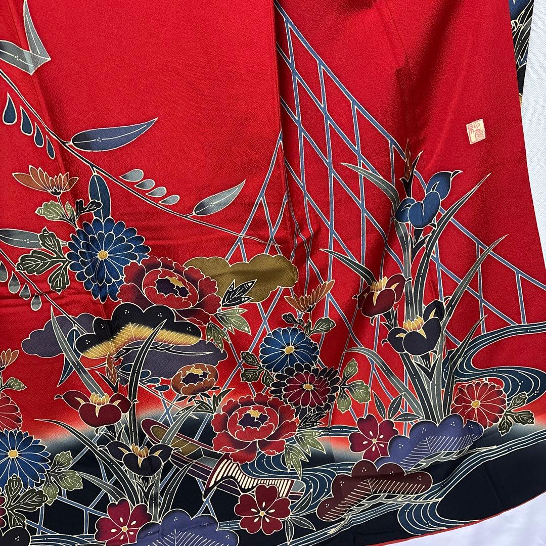 振袖 京紅型染め【宮崎良次】宮崎紅型 正絹 花蝶 赤色 袷着物 成人式