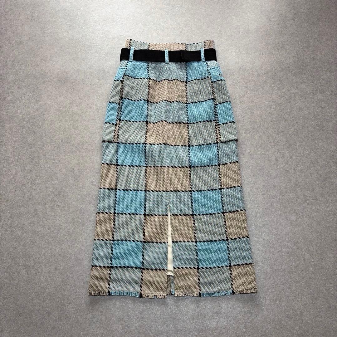 アダムエロペ♡チェックタイトスカート ベルト付き 38 ブルー×ベージュ