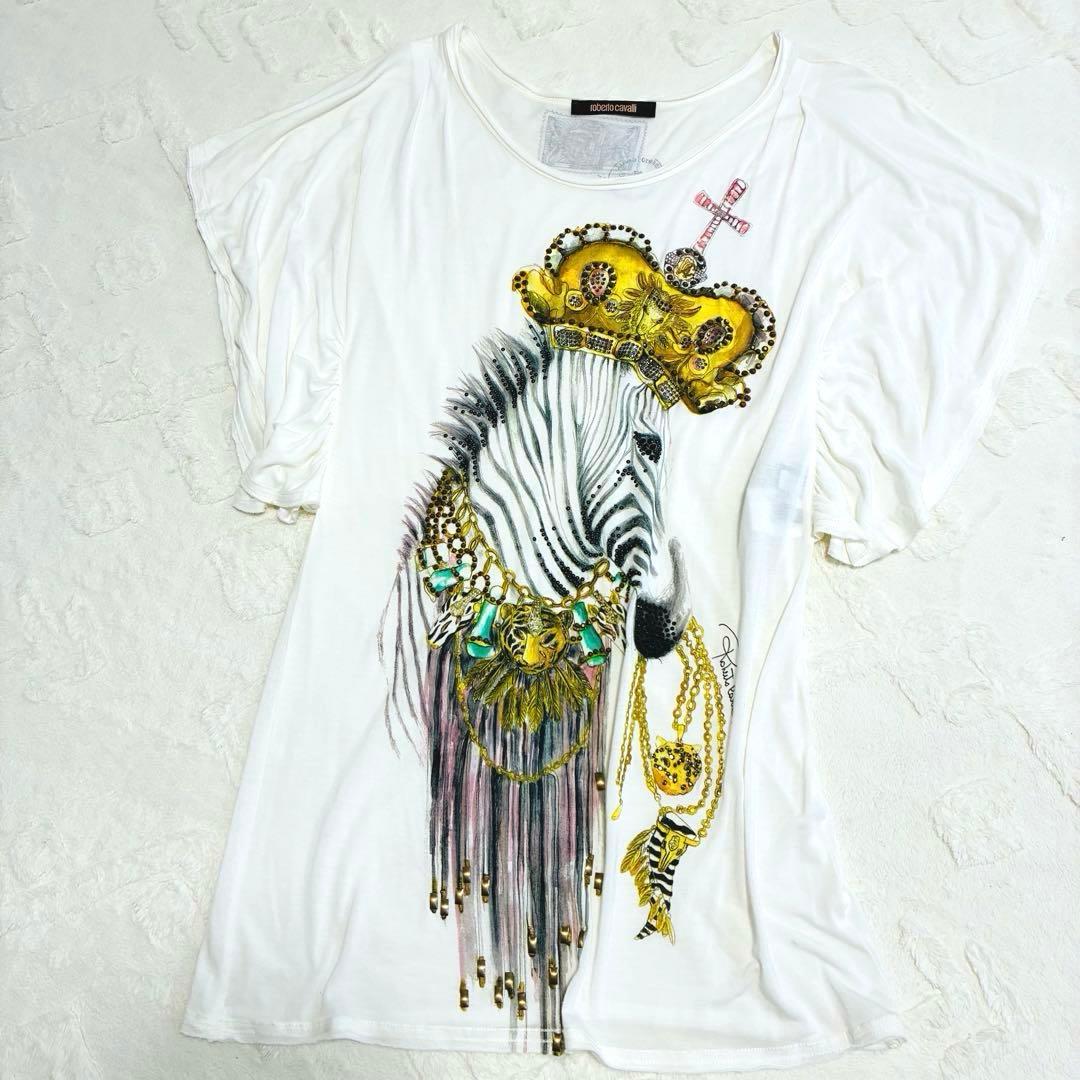【美品】ロベルトカヴァリ 半袖Tシャツ ゼブラ スタッズ L イタリア製