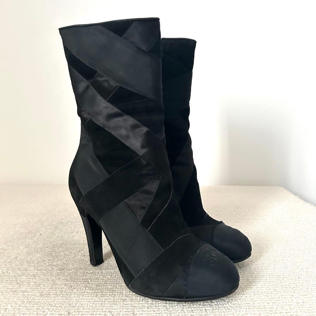 CHANEL シャネル ブーツ パッチワーク ココマーク 黒 22.5cm