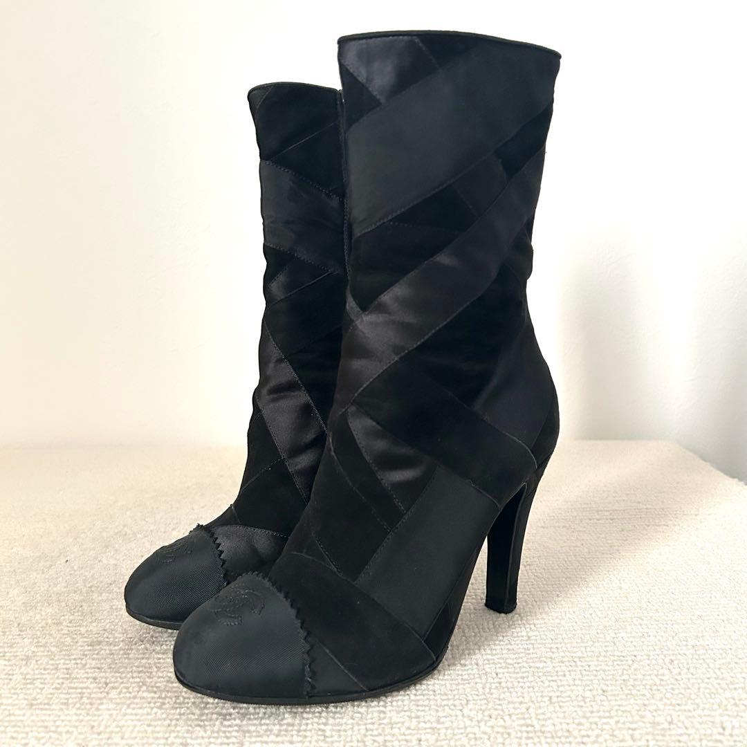 CHANEL シャネル ブーツ パッチワーク ココマーク 黒 22.5cm
