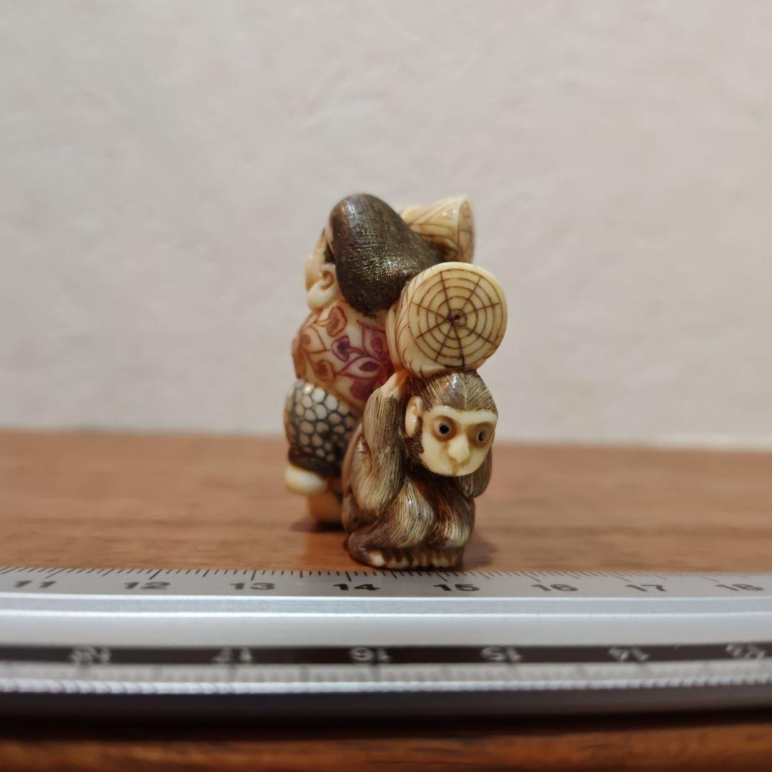 時代提物 七福神根付 天然素材 在銘【大黒様と猿】高4.5cm重39ｇ☆縁起物☆