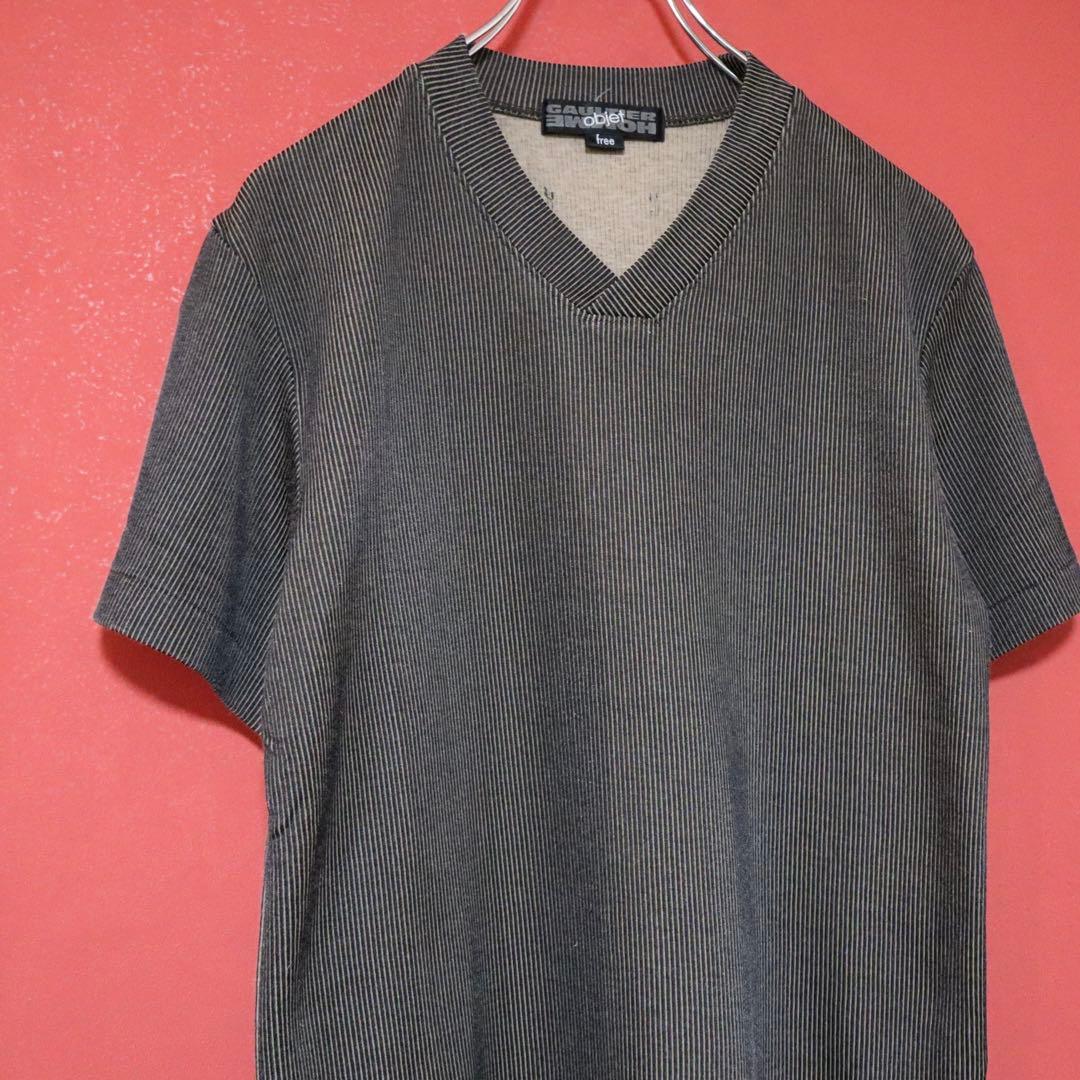GAULTIER HOMME objet 立体ストライプ Vネック Tシャツ